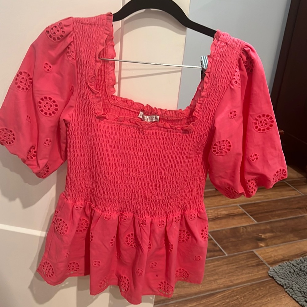 Bright pink smock bust, embroidered peplum and waist